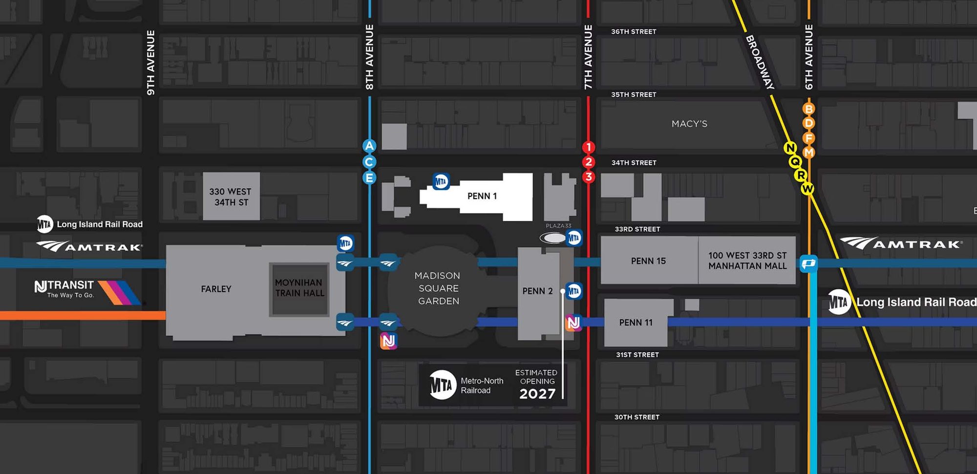 Transit map of the Penn Station area showing 213 W 35